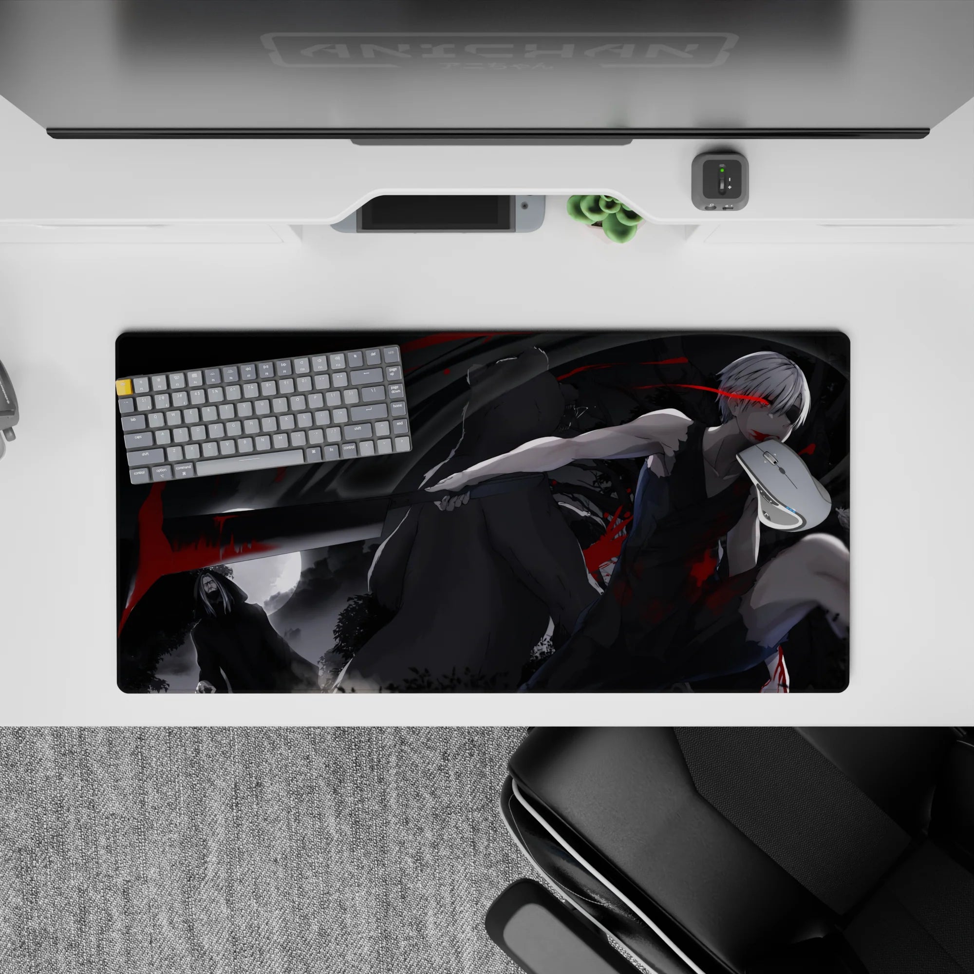 32x16 inches anime mouse pad in grayscale with ink-black shadows and crimson slashes, dark moonlit mood.
