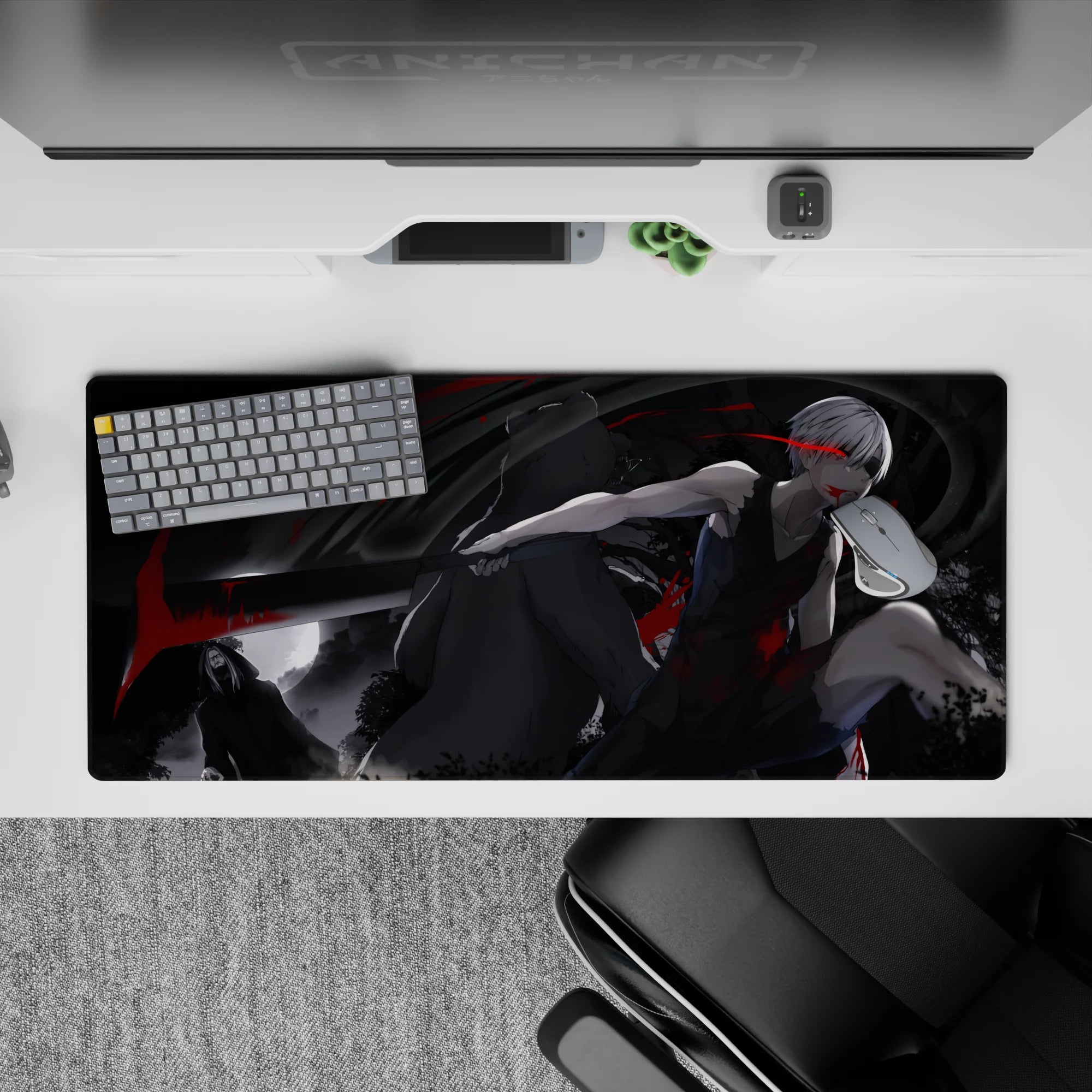 36x16 inches anime mouse pad in grayscale moonlight with ink-black shadows and sharp crimson accents.