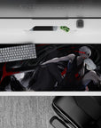 36x16 inches anime mouse pad in grayscale moonlight with ink-black shadows and sharp crimson accents.
