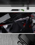 40x20 inches anime desk pad in grayscale with ink-black shadows and crimson slashes, dark cinematic mood.
