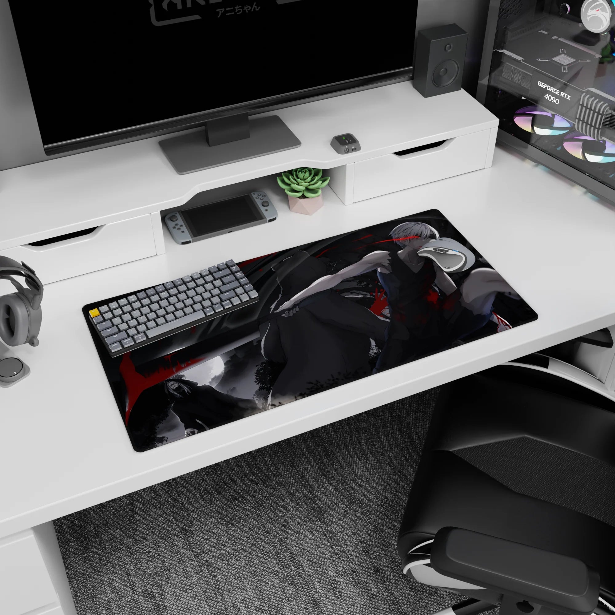 32x16 inches anime mouse pad showing crouched silver-haired swordsman, katana drawn wide, lurking hooded foe.