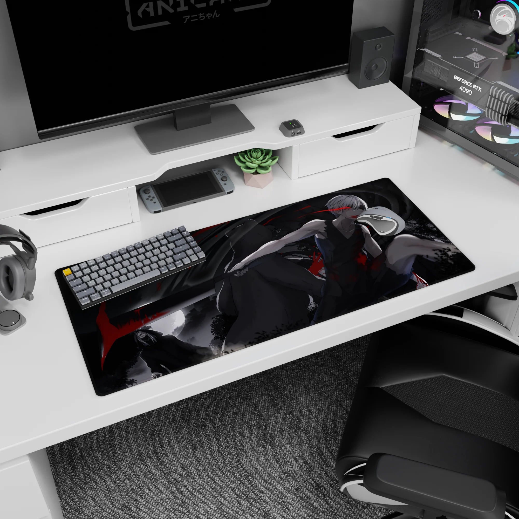 36x16 inches desk pad showing a crouched silver-haired swordsman, katana wide, hooded figure behind.