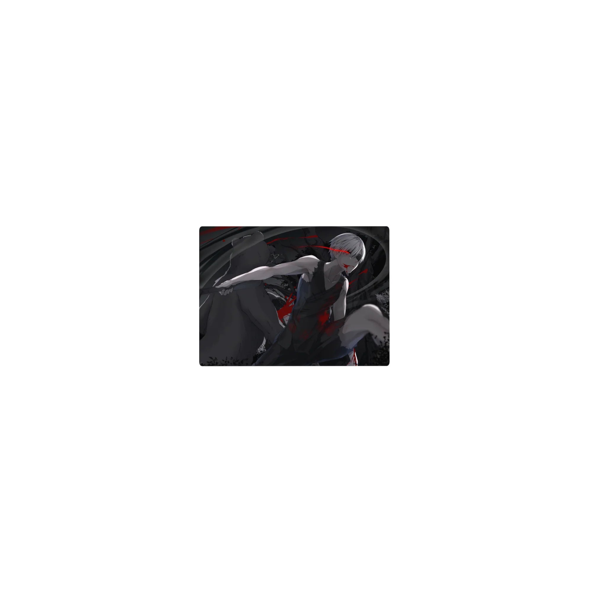 Classic anime mouse pad 14x10 inches with silver-haired swordsman, katana pose, and hooded figure backdrop.
