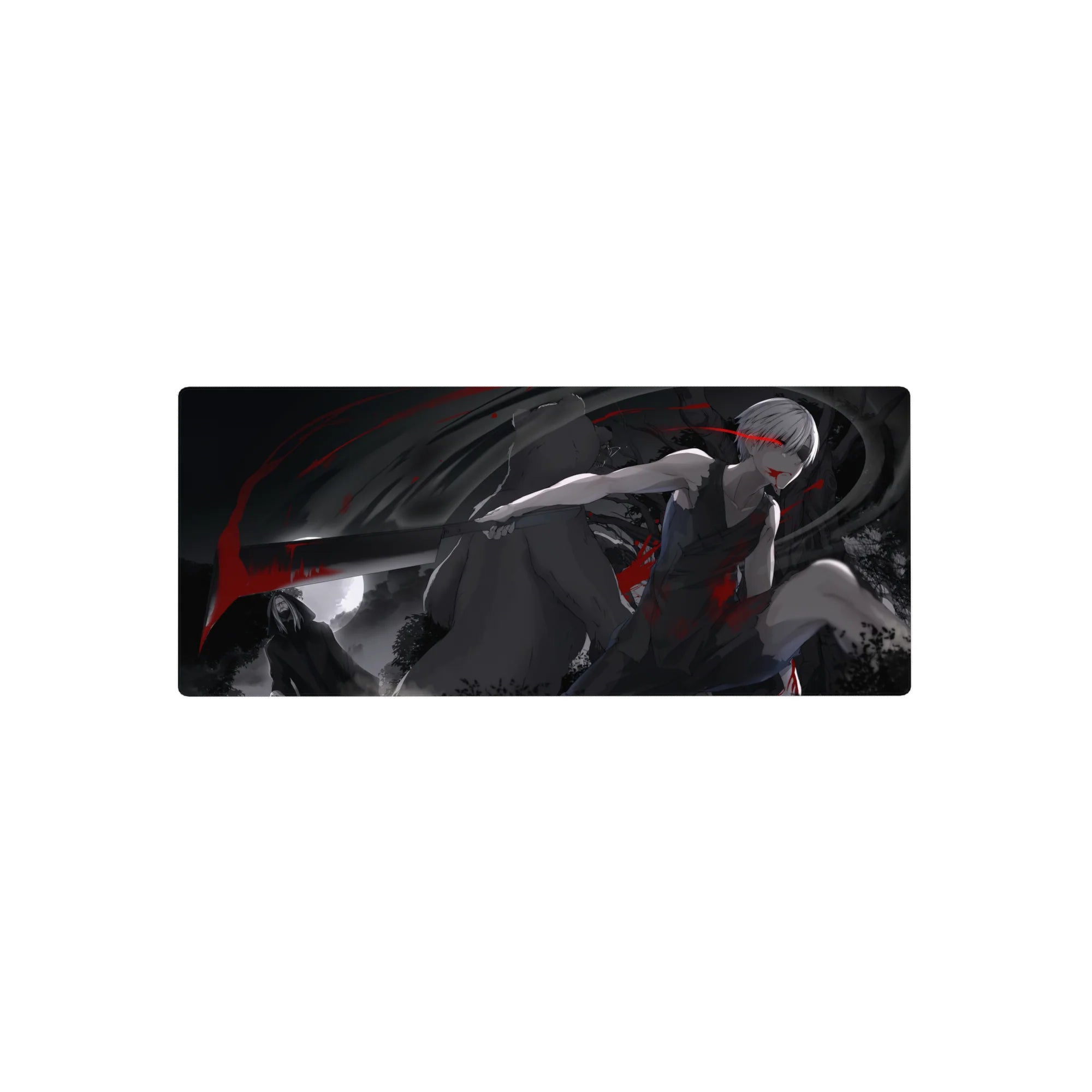 28x12 inches anime mouse pad with silver-haired katana fighter, hooded shadow figure, and cinematic depth.