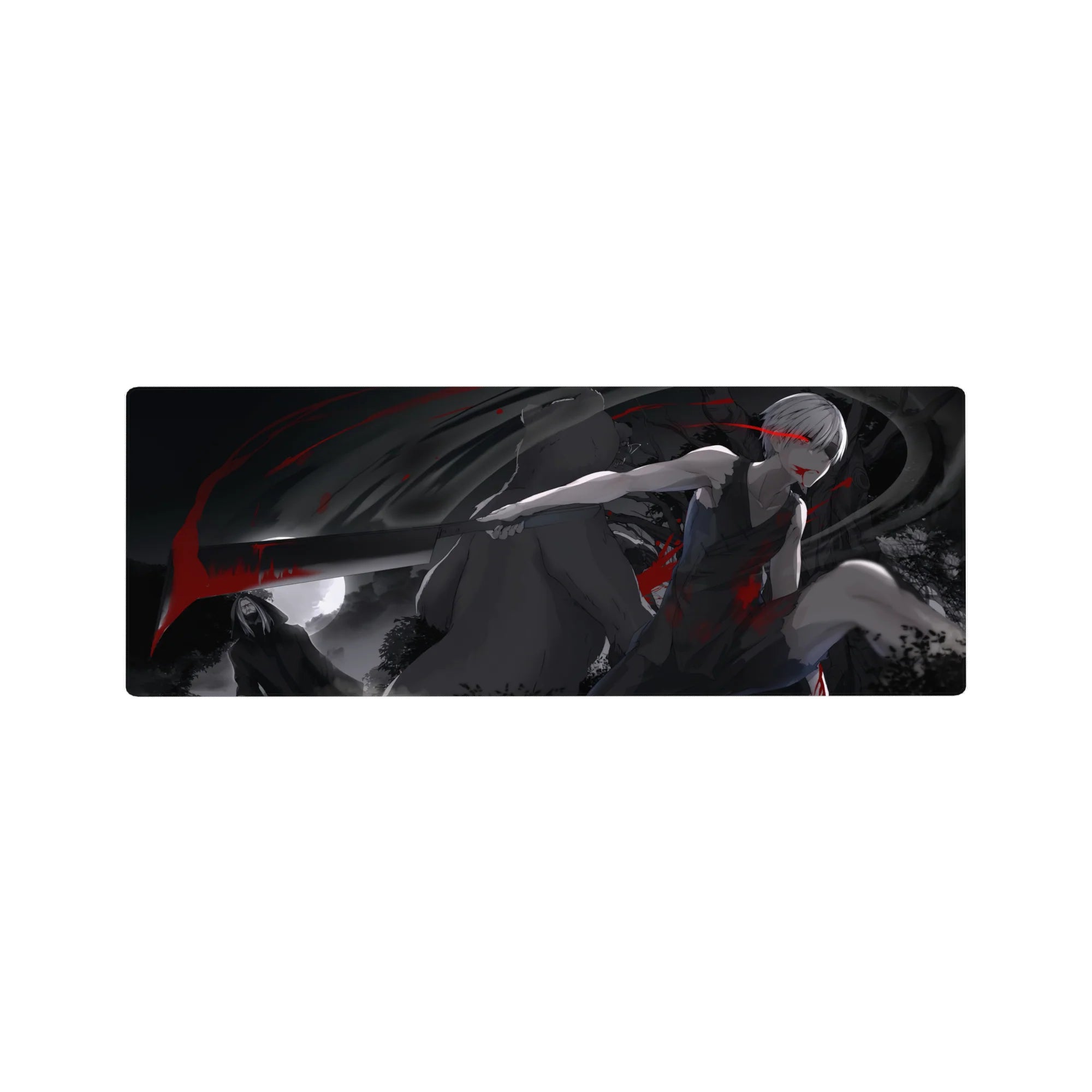 32x12 inches anime mouse pad with silver-haired katana fighter, crimson slashes, and hooded backdrop.