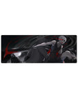 32x12 inches anime mouse pad with silver-haired katana fighter, crimson slashes, and hooded backdrop.
