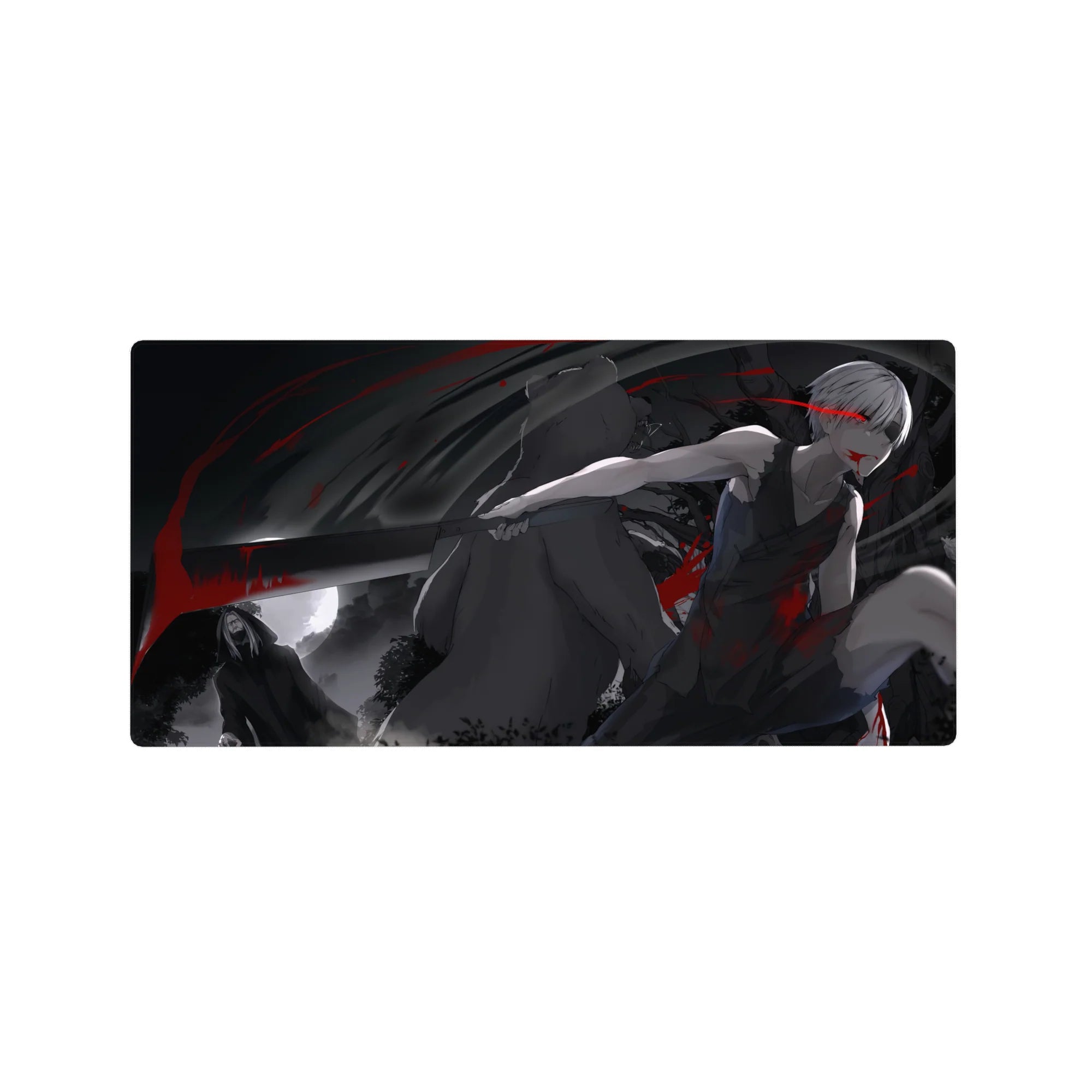 32x16 inches anime mouse pad with silver-haired katana fighter, hooded figure backdrop, cinematic brushwork.