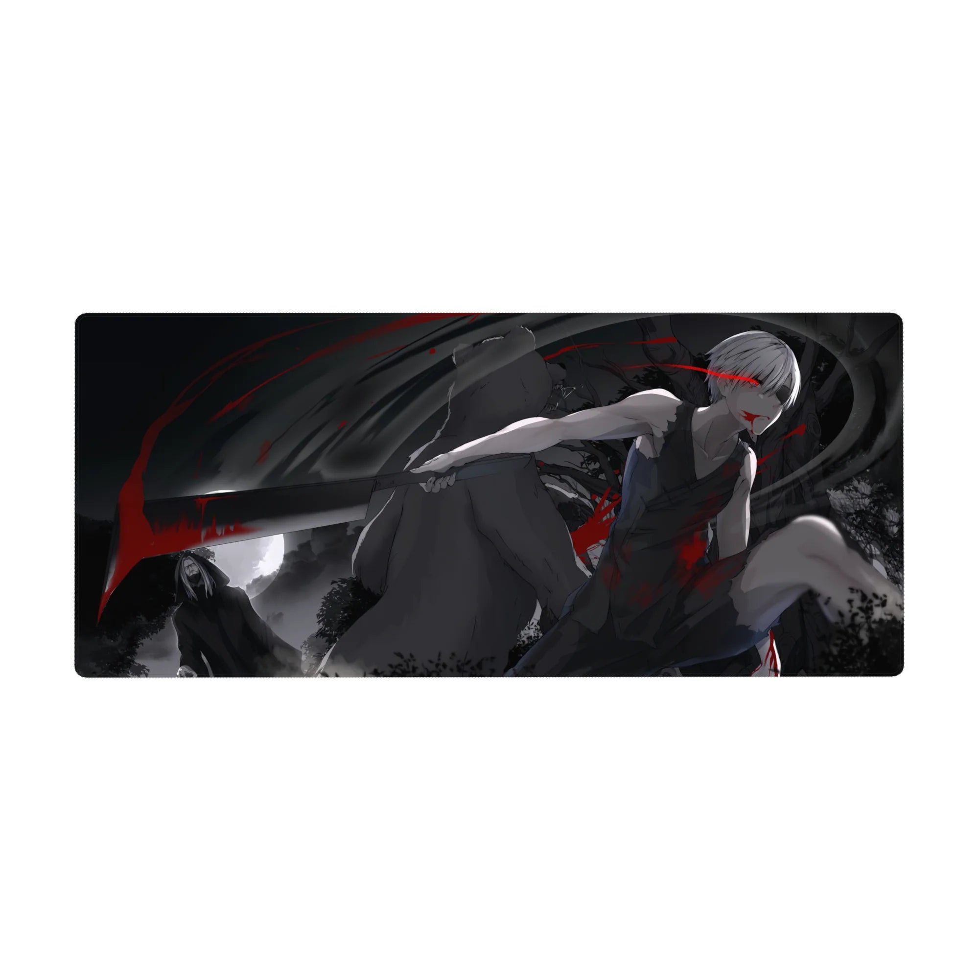 36x16 inches anime desk pad with silver-haired katana fighter, crimson slashes, and hooded shadow figure.