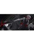 36x16 inches anime desk pad with silver-haired katana fighter, crimson slashes, and hooded shadow figure.