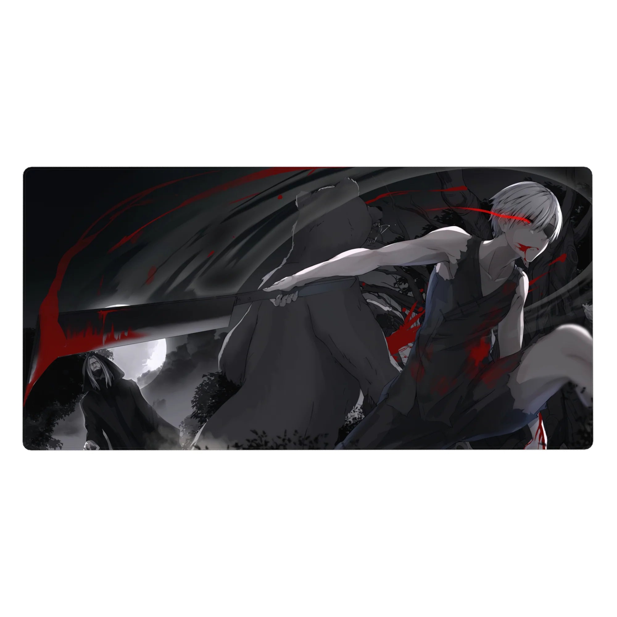 40x20 inches anime desk pad with silver-haired katana fighter, hooded figure backdrop, bold crimson accents.