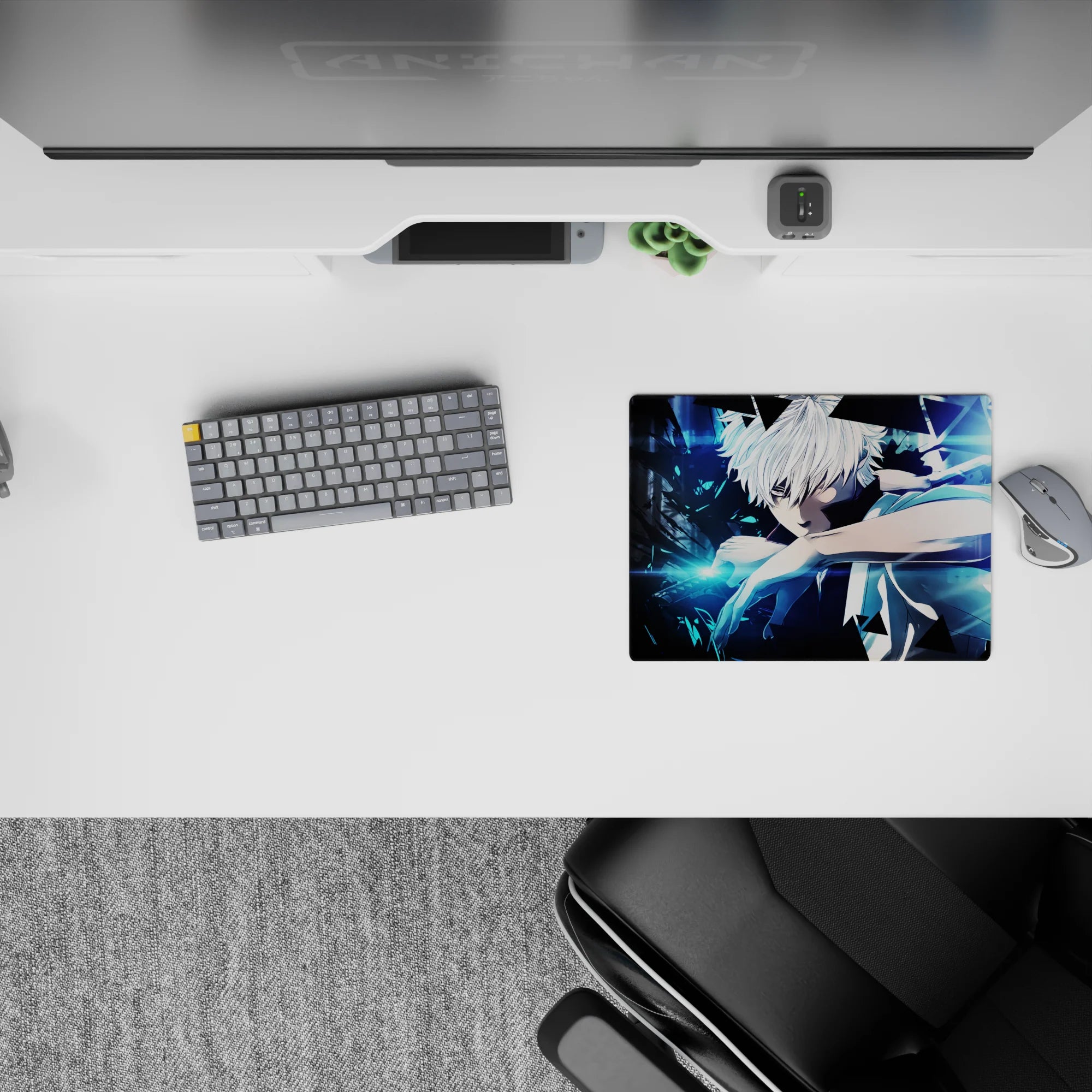 Moody blue-lit anime mouse pad 14x10 inches with neon streaks, sharp contrast, and smoky black shadows.