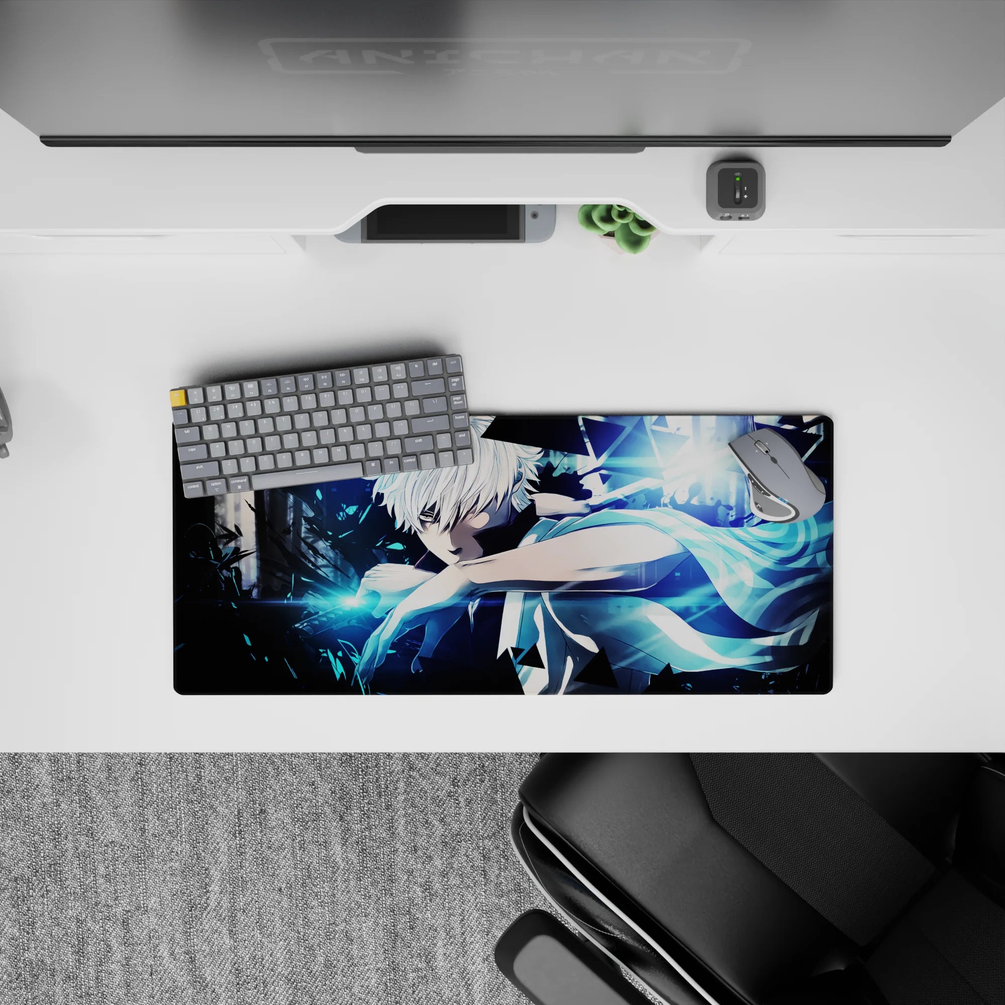 28x12 inches anime mouse pad in cold blue light, sharp contrast, neon accents, and dark smoky mood.