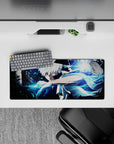 28x12 inches anime mouse pad in cold blue light, sharp contrast, neon accents, and dark smoky mood.