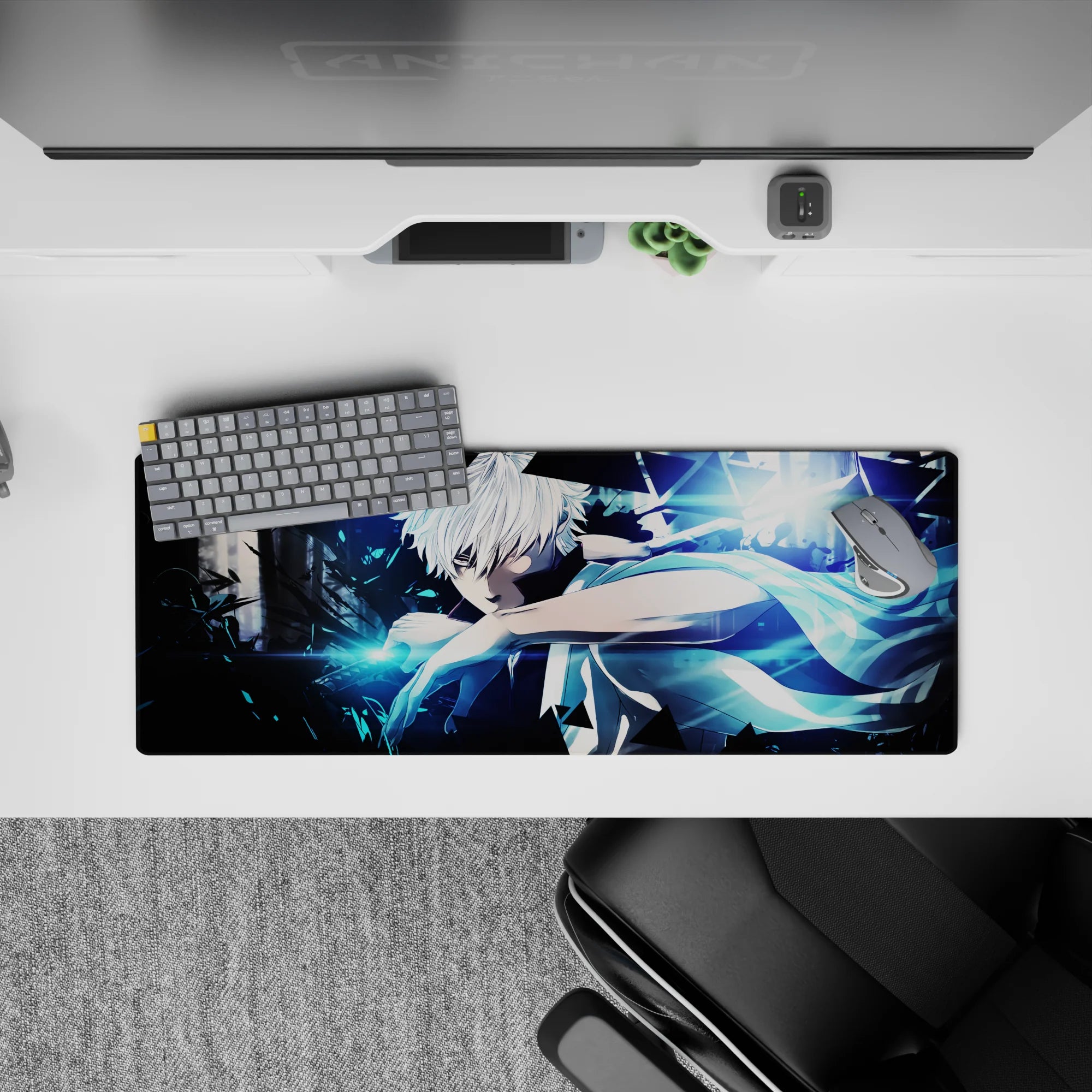 32x12 inches anime mouse pad in cold blue neon, sharp contrast and smoky shadows for a cyber mood.