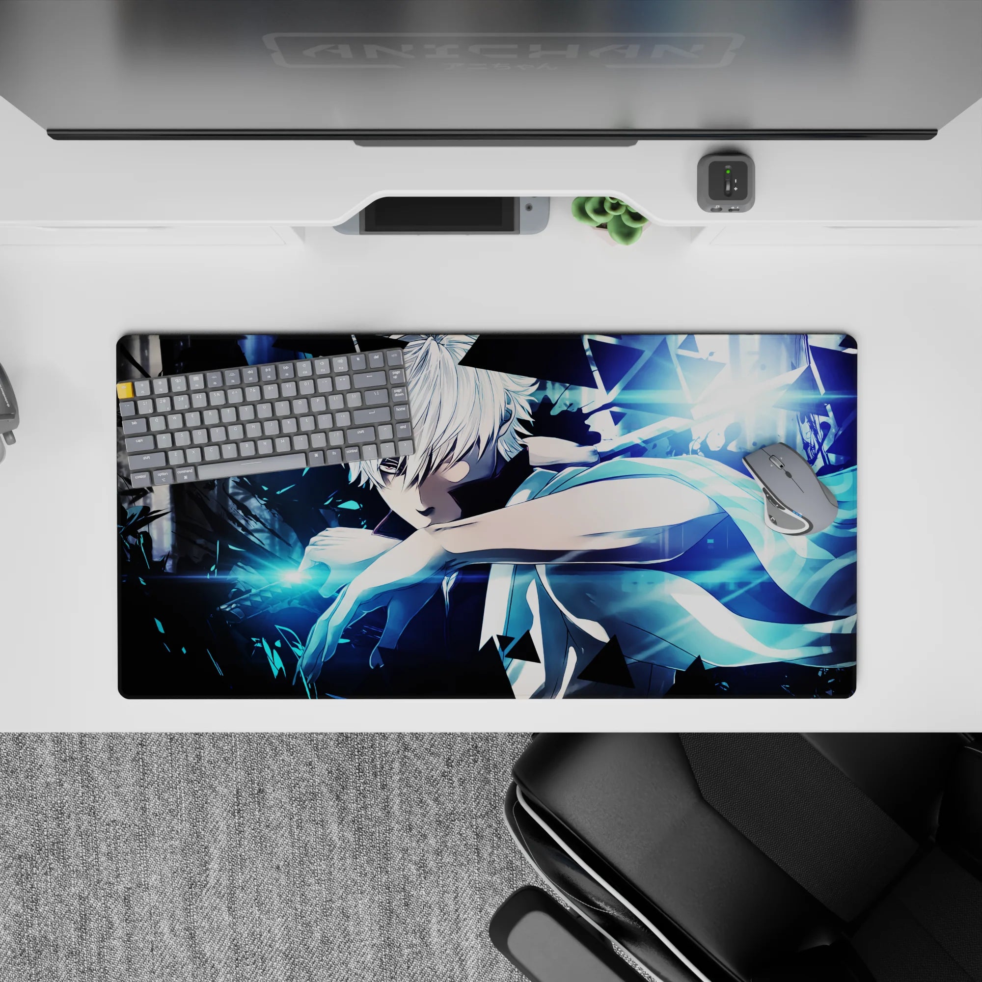 32x16 inches anime mouse pad in cold blue neon, stark contrast, and smoky shadows for a tense cyber mood.