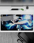 32x16 inches anime mouse pad in cold blue neon, stark contrast, and smoky shadows for a tense cyber mood.