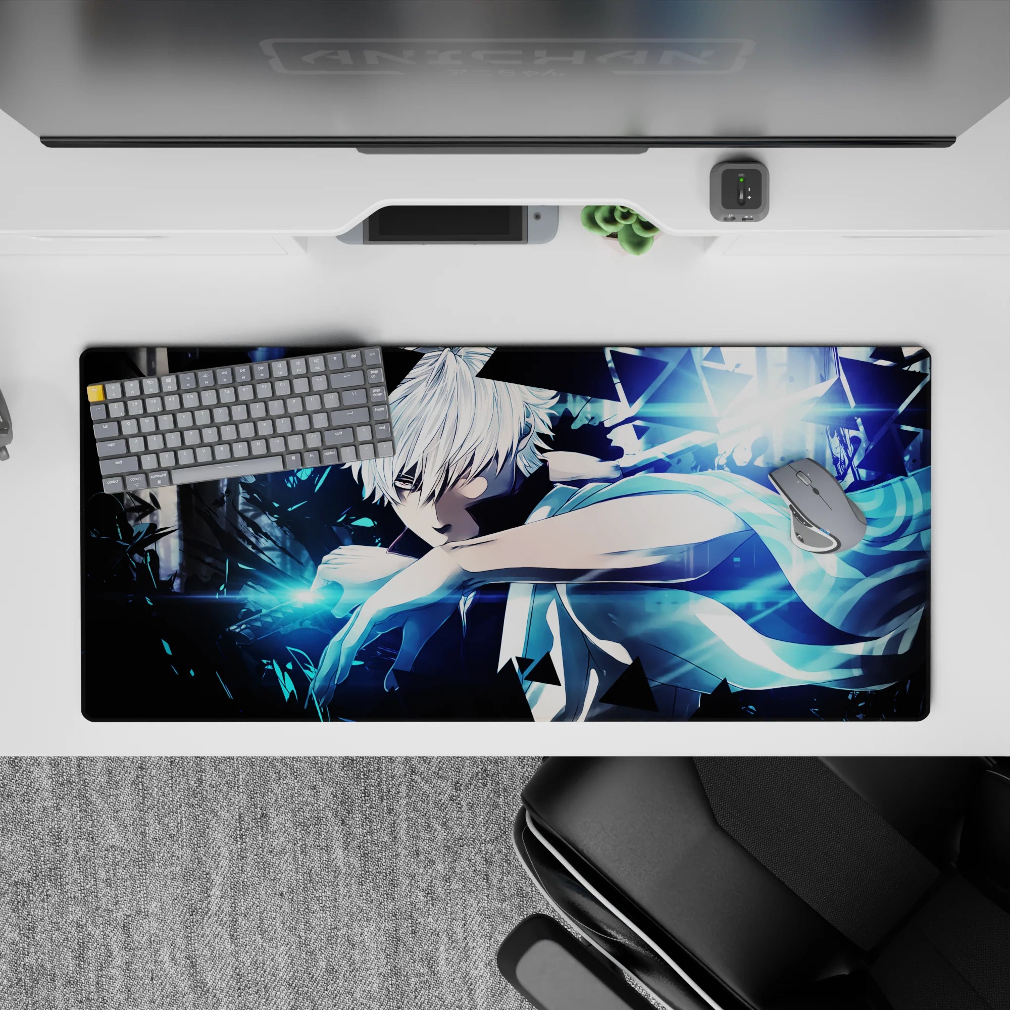 36x16 inches anime desk pad in cold blue light, high-contrast ink shadows, and slick neon cyber mood.