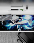 36x16 inches anime desk pad in cold blue light, high-contrast ink shadows, and slick neon cyber mood.