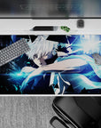 Cyber anime desk pad 40x20 inches in cold blue light, high contrast, neon streaks, and inky smoke mood.