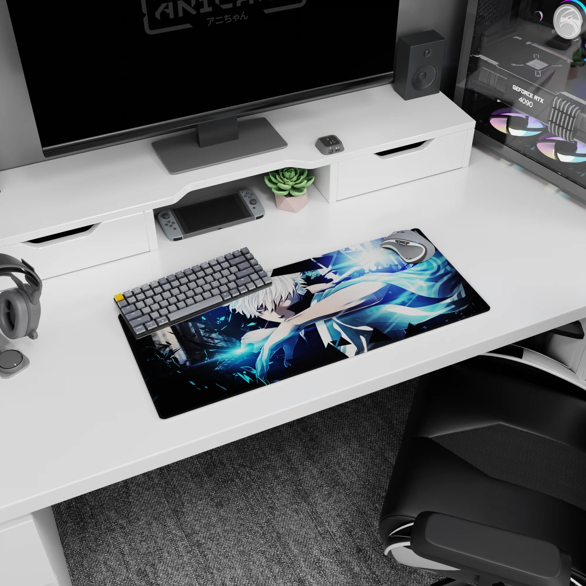 28x12 inches anime mouse pad showing a white-haired warrior in sleeveless cloak, arm raised to strike.