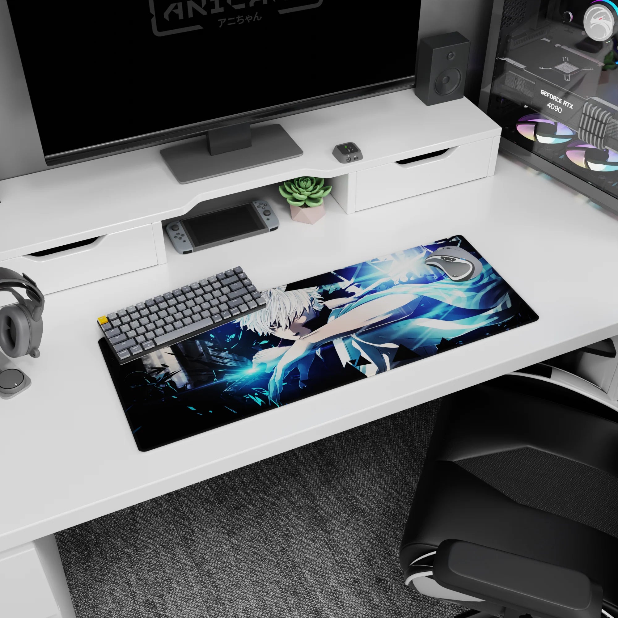 32x12 inches anime mouse pad showing a white-haired warrior raising his arm, poised to strike amid shards.