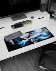 32x12 inches anime mouse pad showing a white-haired warrior raising his arm, poised to strike amid shards.
