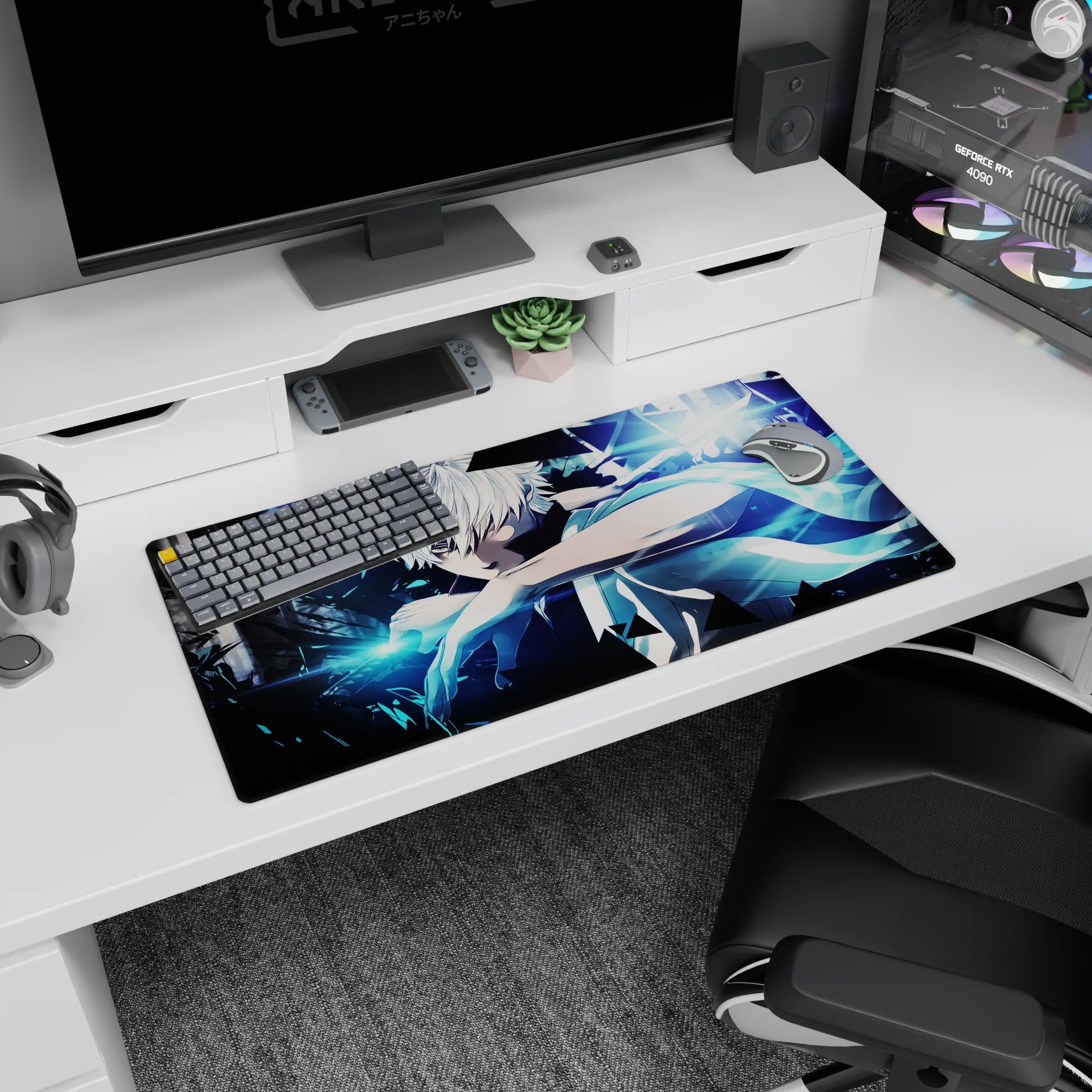 32x16 inches anime mouse pad showing a sleeveless-cloaked, white-haired warrior raising his arm to strike.