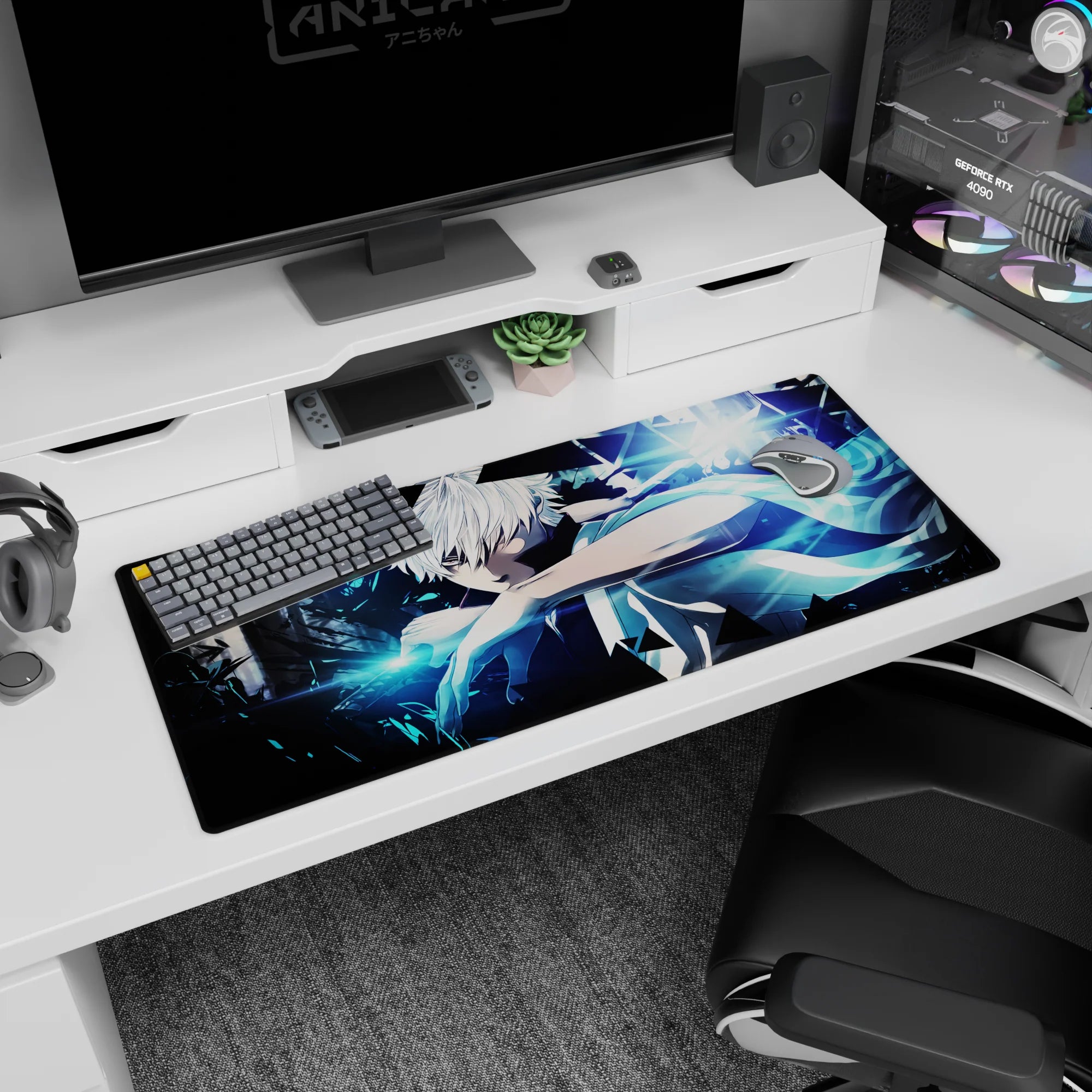 36x16 inches anime desk pad showing a white-haired warrior raising his arm to strike amid smoky darkness.
