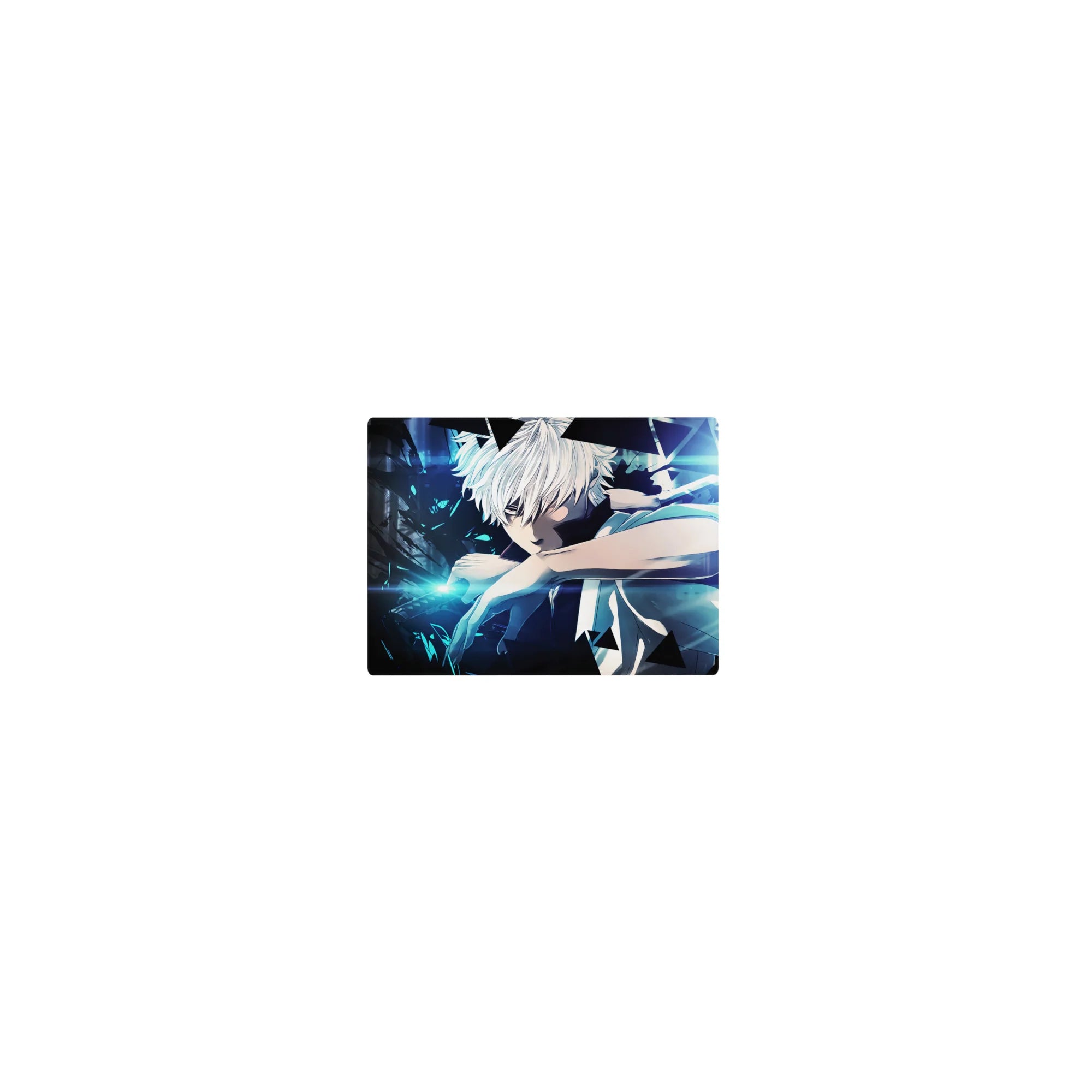 Classic anime mouse pad 14x10 inches with white-haired fighter, neon shards, and clean cyber graphic lines.