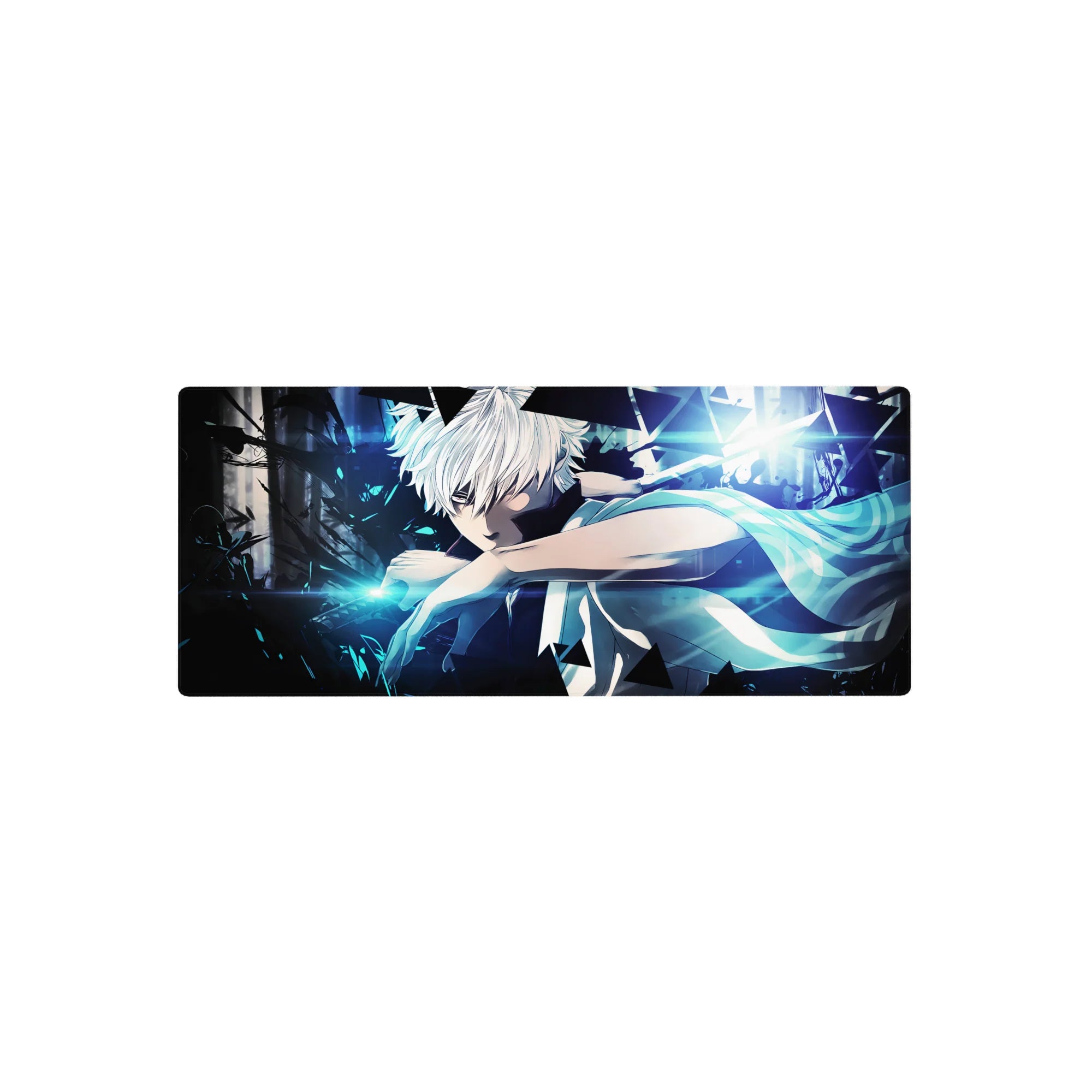 28x12 inches anime mouse pad with white-haired fighter, cyber shards, neon streaks, and smoky shadows.