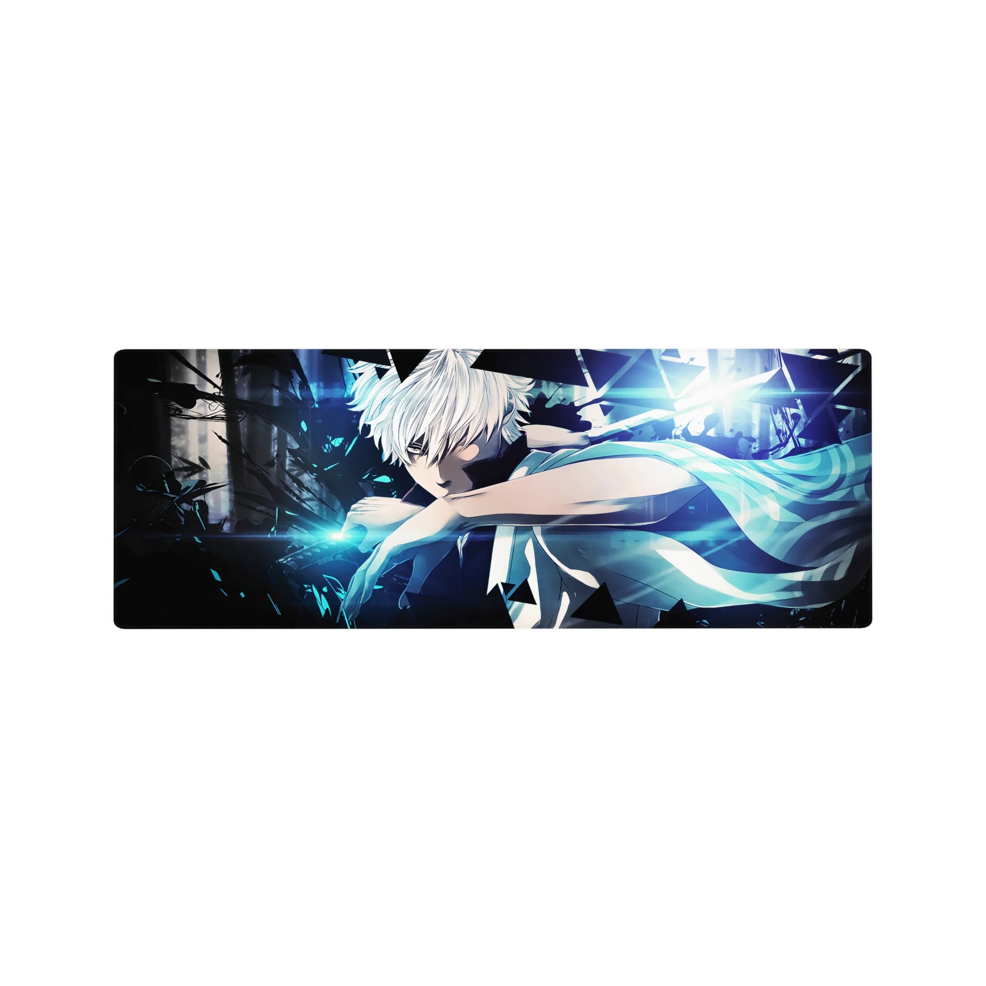 32x12 inches anime mouse pad with white-haired fighter, sleeveless cloak, neon shards and cyber streaks.
