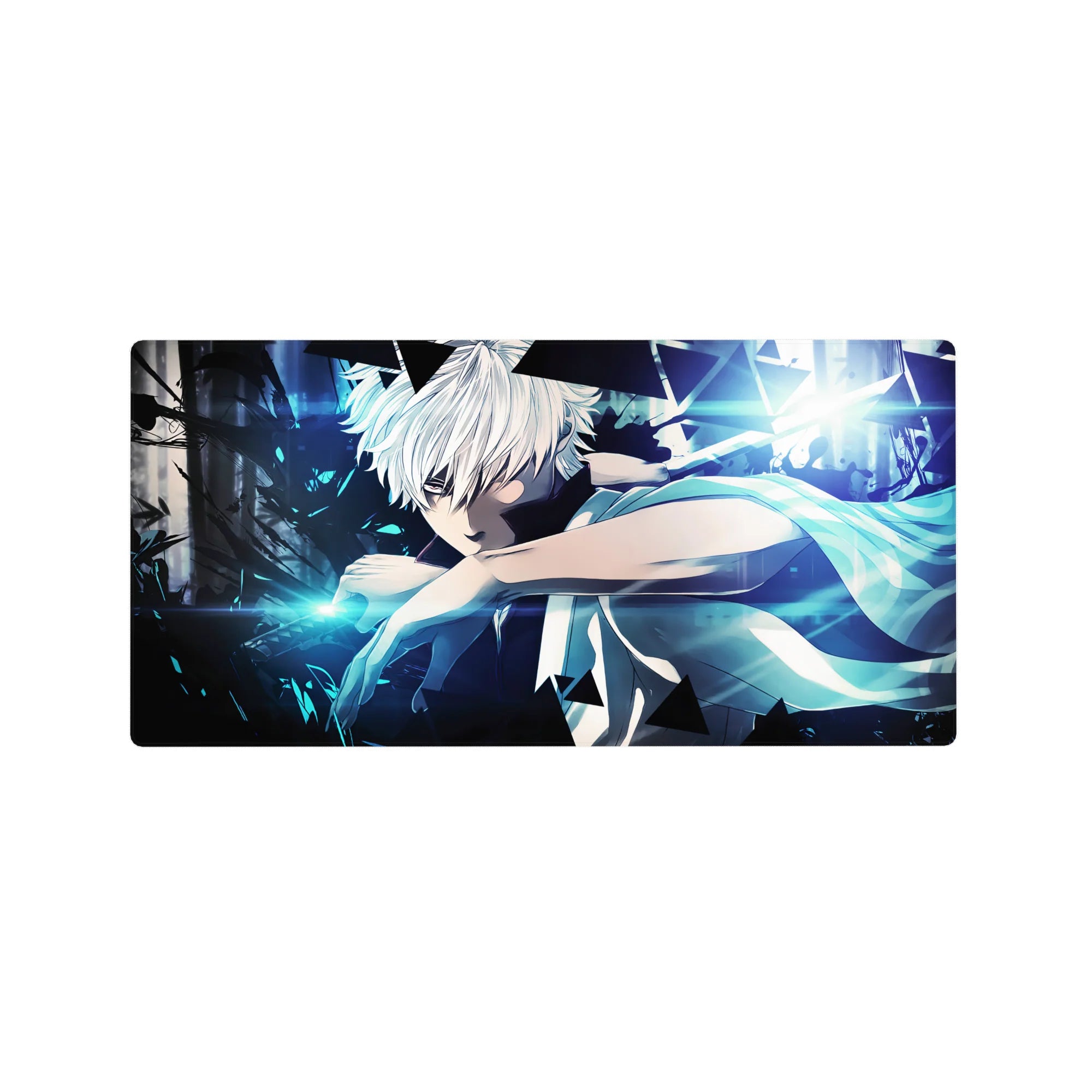 32x16 inches anime mouse pad with white-haired fighter, neon shards, and cyber geometric streaks.