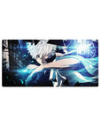 32x16 inches anime mouse pad with white-haired fighter, neon shards, and cyber geometric streaks.