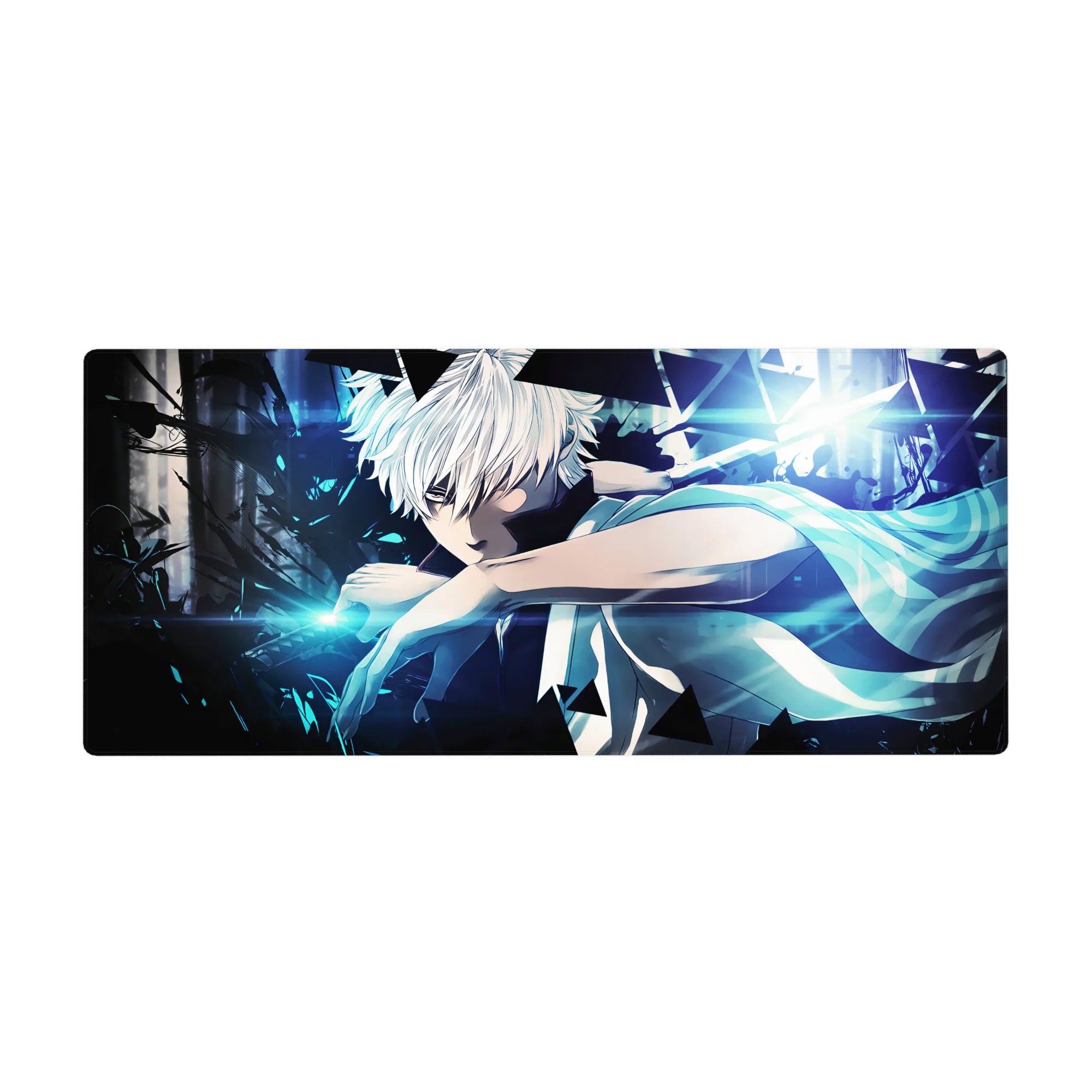 36x16 inches anime desk pad with white-haired fighter, neon shards, and cyberpunk triangle patterns.