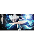36x16 inches anime desk pad with white-haired fighter, neon shards, and cyberpunk triangle patterns.