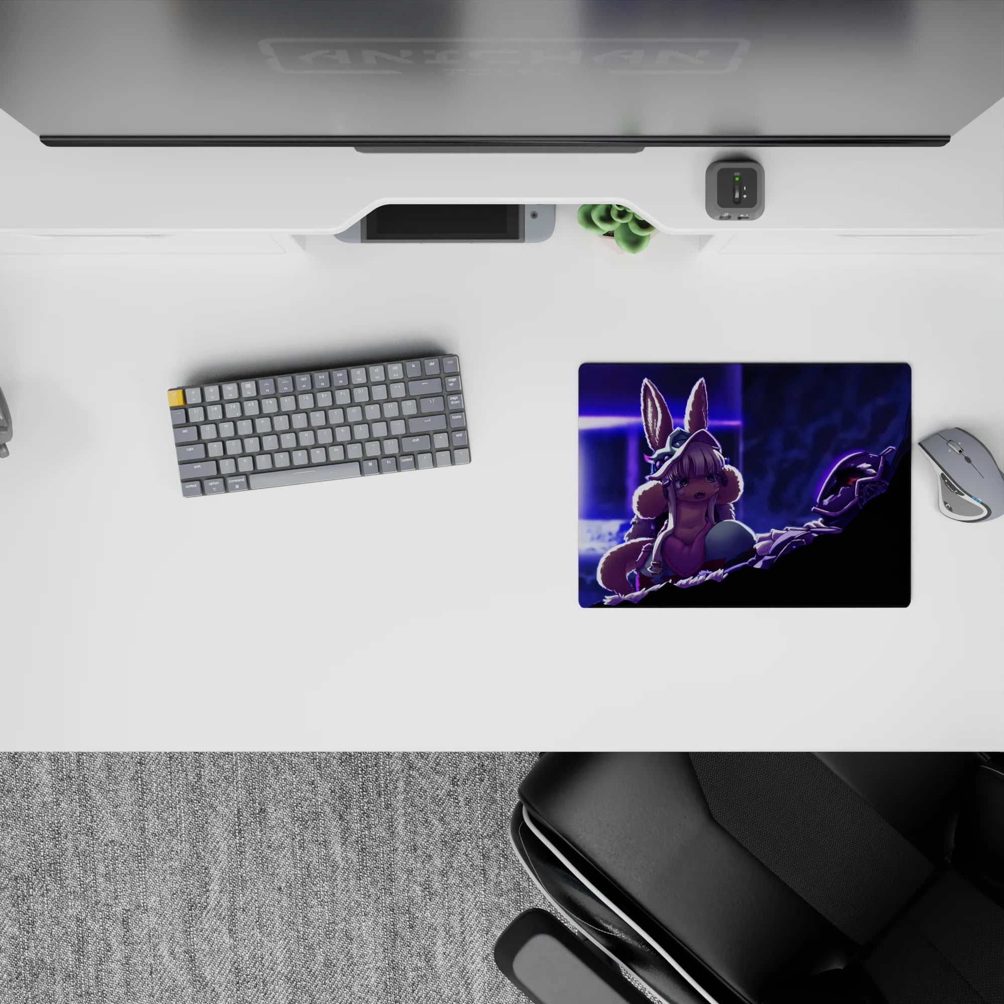 14x10 inches anime mouse pad in neon violet and cool blue, cinematic shadows and tense sci-fi glow.