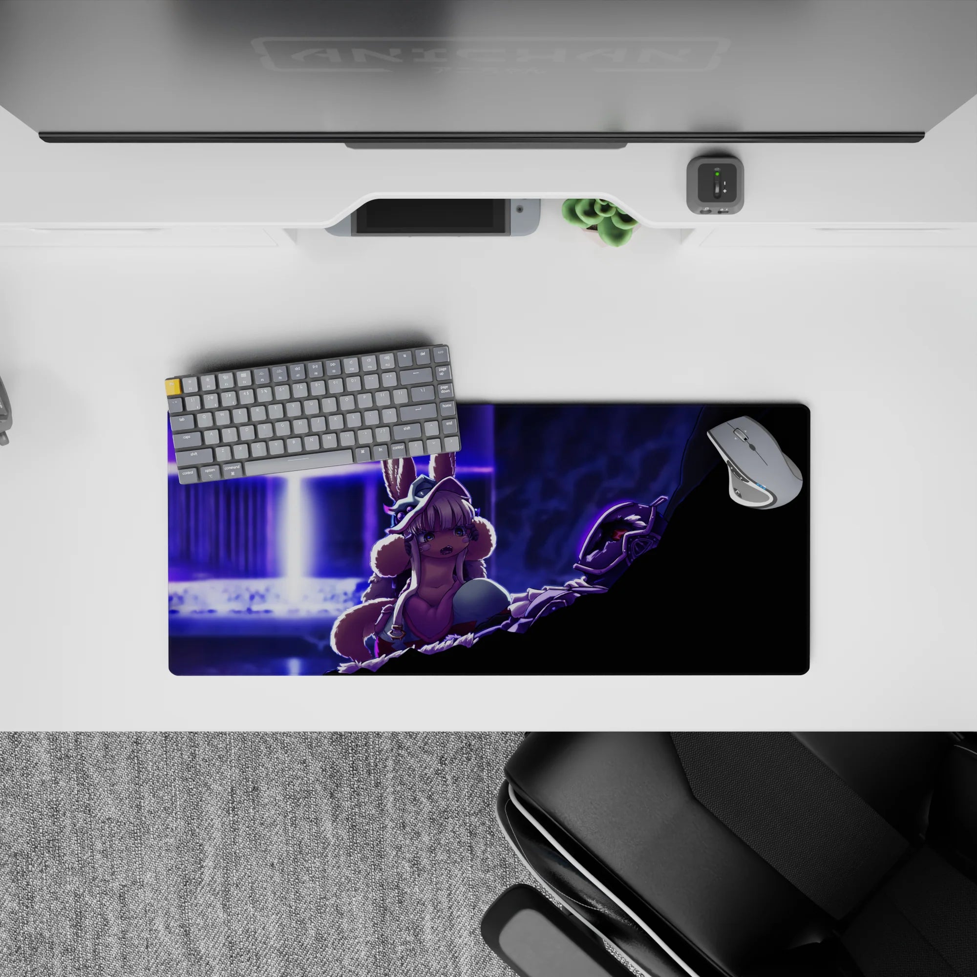 28x12 inches anime mouse pad in neon violet and cool blue, cinematic purple shadows and tense sci-fi lighting.