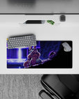28x12 inches anime mouse pad in neon violet and cool blue, cinematic purple shadows and tense sci-fi lighting.