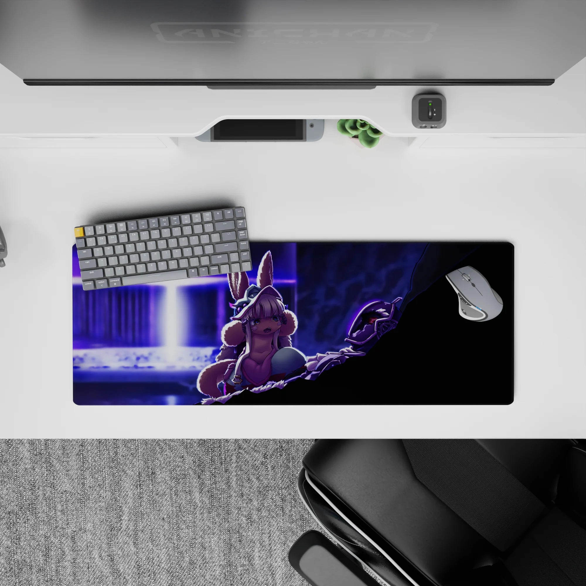 Anime mouse pad 32x12 inches in neon violet and cool blue, cinematic shadows and tense sci-fi glow.