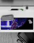 Anime mouse pad 32x12 inches in neon violet and cool blue, cinematic shadows and tense sci-fi glow.