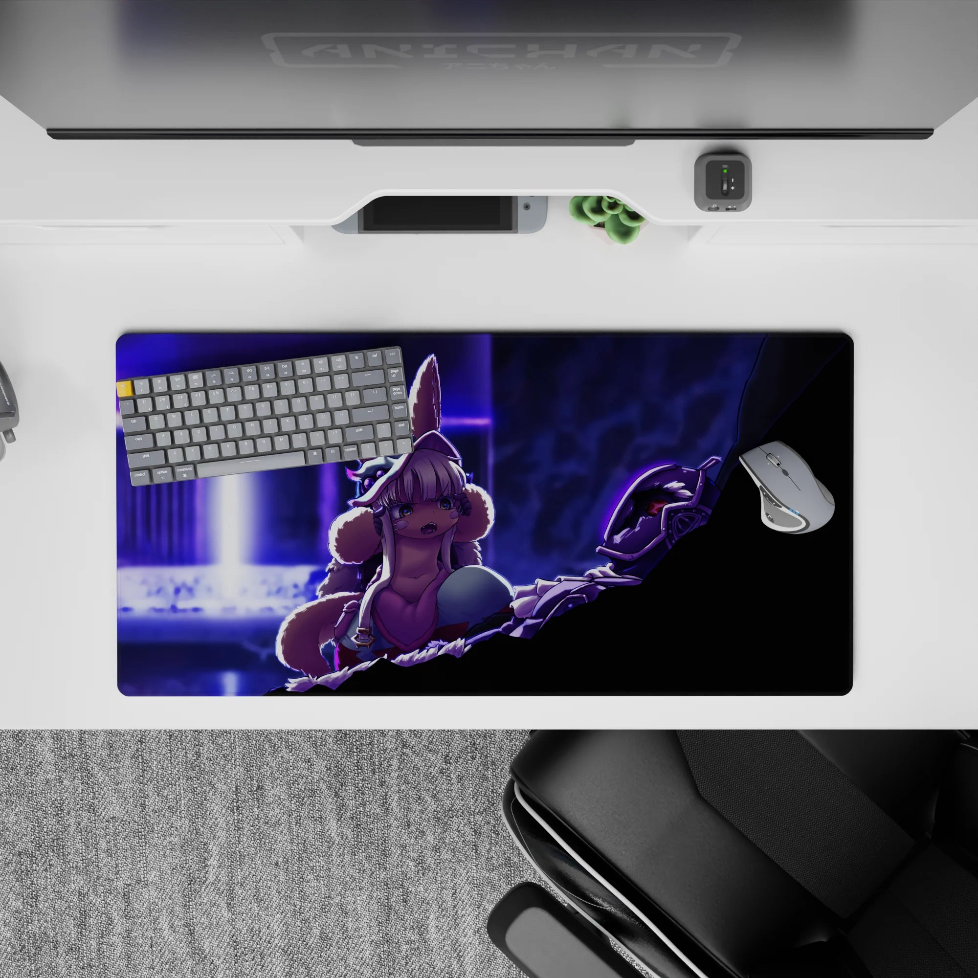32x16 inches anime mouse pad in neon violet and cool blues, cinematic purple shadows, tense sci-fi atmosphere.