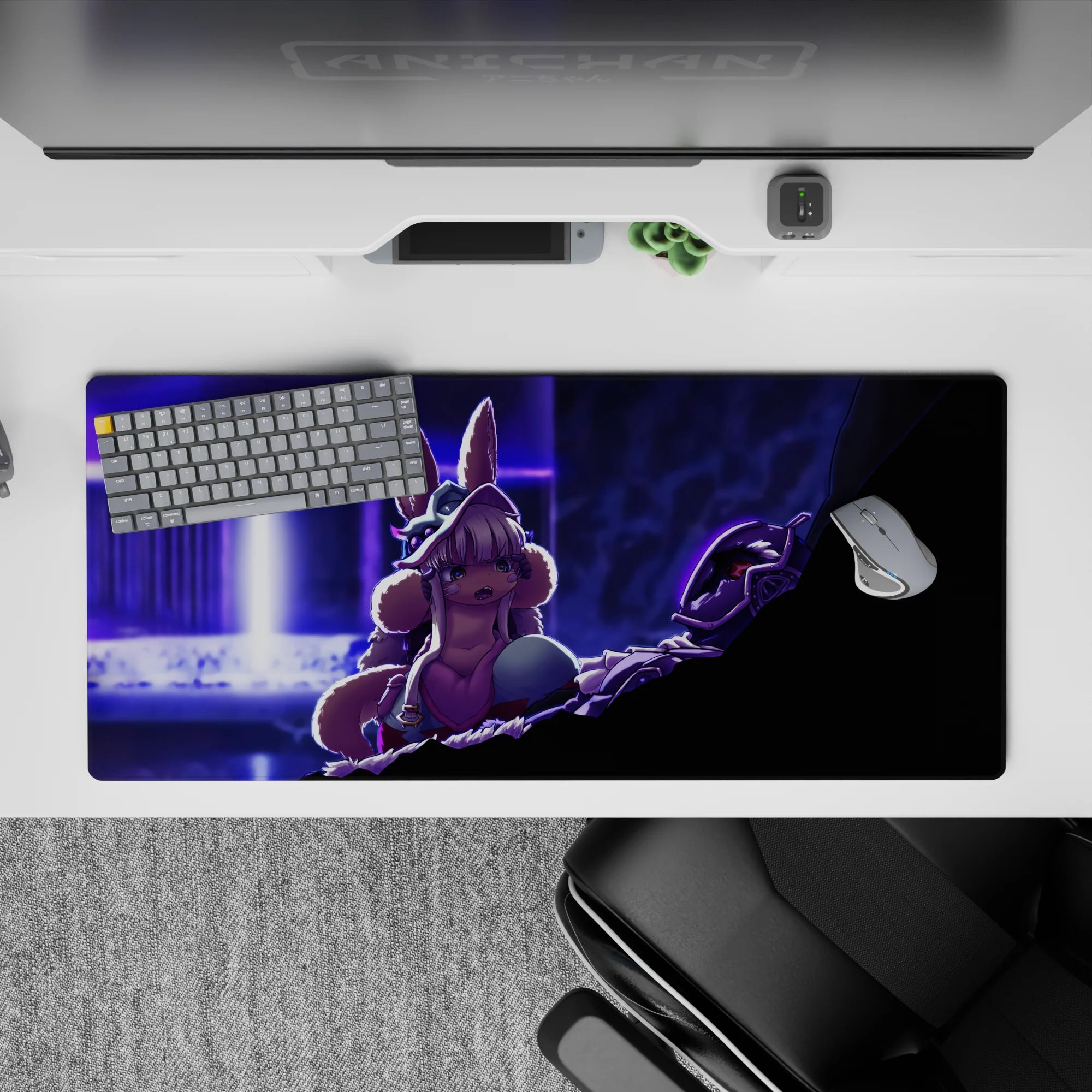 36x16 inches anime desk pad in neon violet and cool blue, cinematic purple shadows with tense sci-fi vibe.