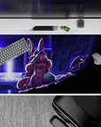 40x20 inches anime desk pad in neon violet and cool blue, cinematic shadows, tense sci-fi hallway mood.