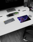 Anime mouse pad 14x10 inches featuring wide-eyed bunny-eared girl facing a dark armored figure by a glowing door.