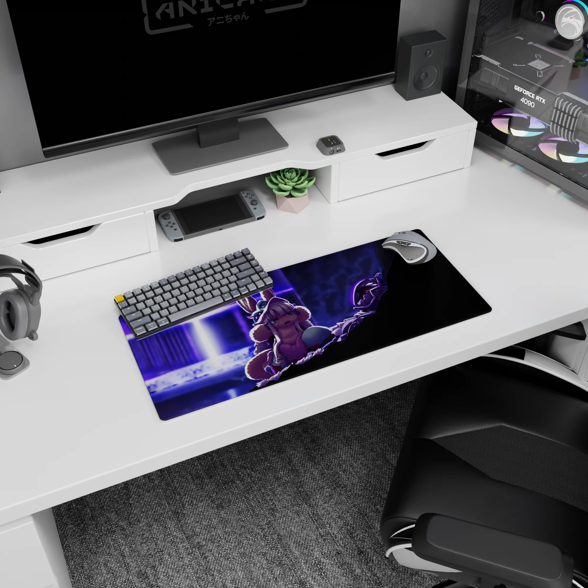 28x12 inches anime mouse pad of wide-eyed bunny-eared girl by a glowing doorway as a dark armored figure watches.