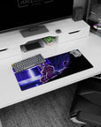 28x12 inches anime mouse pad of wide-eyed bunny-eared girl by a glowing doorway as a dark armored figure watches.