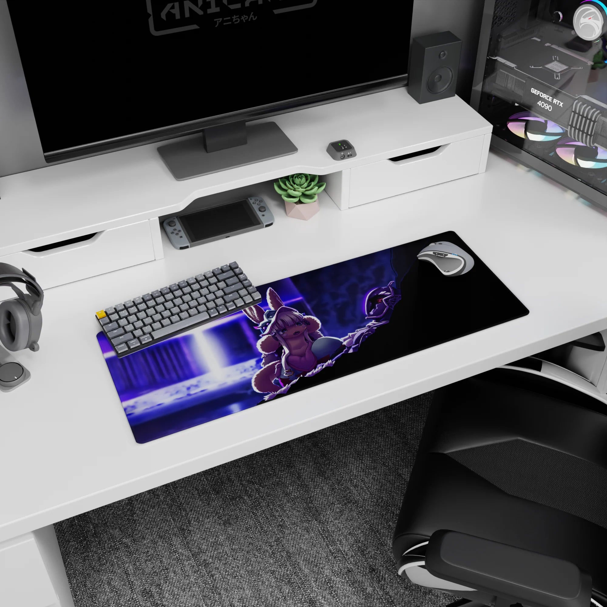 Anime mouse pad 32x12 inches showing wide-eyed bunny girl by a glowing doorway as a dark warrior lurks.