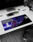 32x16 inches anime mouse pad showing wide-eyed bunny girl in blue outfit facing a dark armored threat by a glowing door.