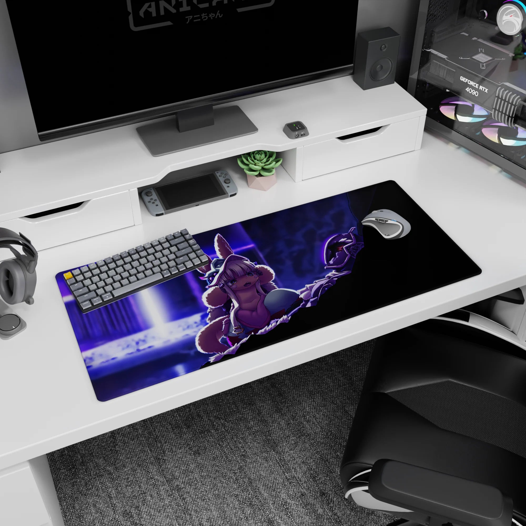 36x16 inches anime desk pad showing wide-eyed bunny girl in fluffy collar facing a dark armored threat.