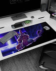 Anime desk pad 40x20 inches showing wide-eyed bunny girl under purple light, dark armored figure at edge.